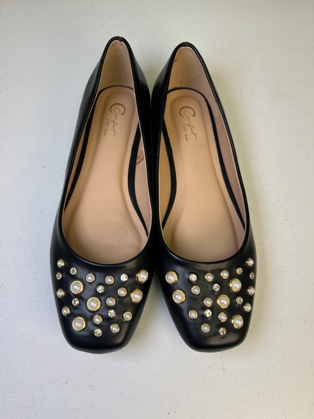 C Comfort Black Pearl & Crystal Embellished Faux Leather Chic Flats Women's Sz 8